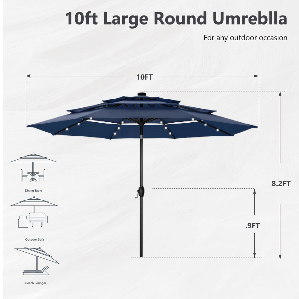 MAISON ARTS 10ft 3 Tier Auto-tilt Patio Umbrella Outdoor Double Vented Umbrella with LED Lights
