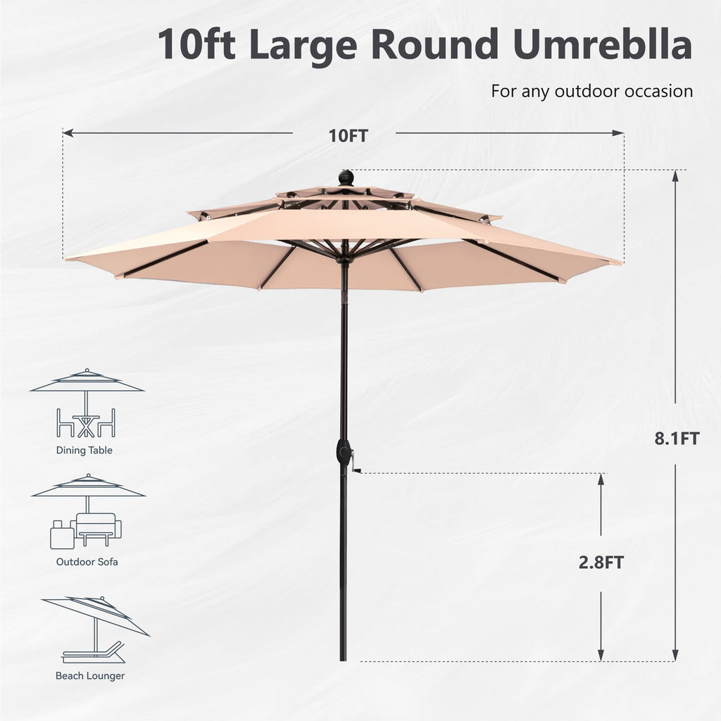 MAISON ARTS 10ft 3 Tier Auto-tilt Patio Umbrella Outdoor Double Vented Umbrella with LED Lights