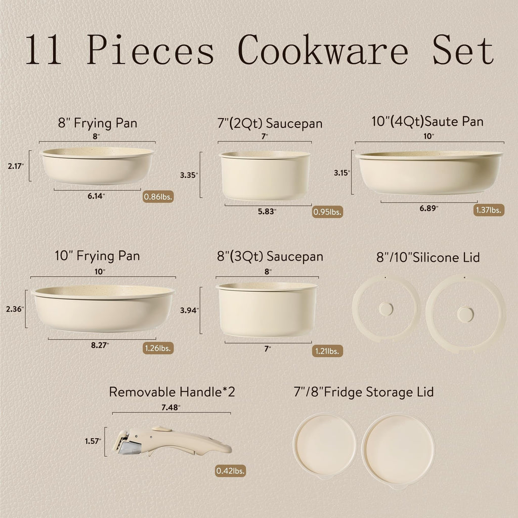 11pcs Pots and Pans Set, Nonstick Cookware Set Detachable Handle,Induction Kitchen Cookware Sets Non Stick with Removable Handle