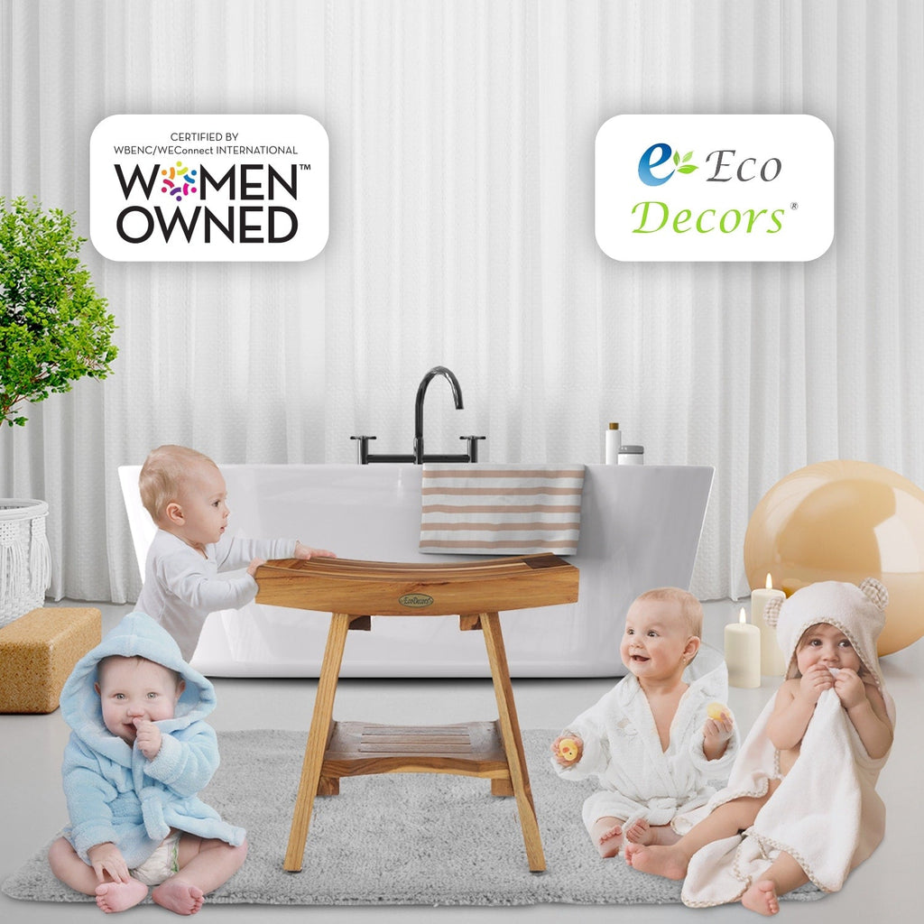 EcoDecors, Serenity, Teak Shower Bench, Teak Shower Stool, Teak Corner Shower Bench, 18 Inch, With Shelf