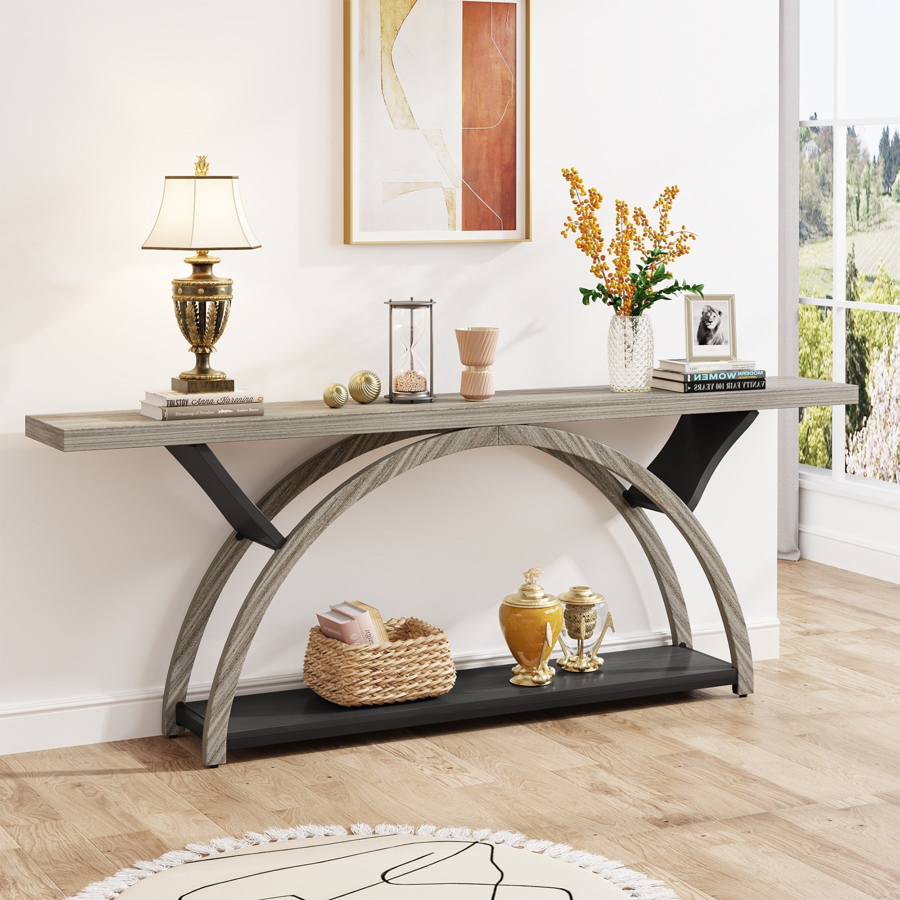 2-Tier Narrow Long Console Sofa Table with Semi-Circular Frame for Entryway,Gray Hallway Accent Tables