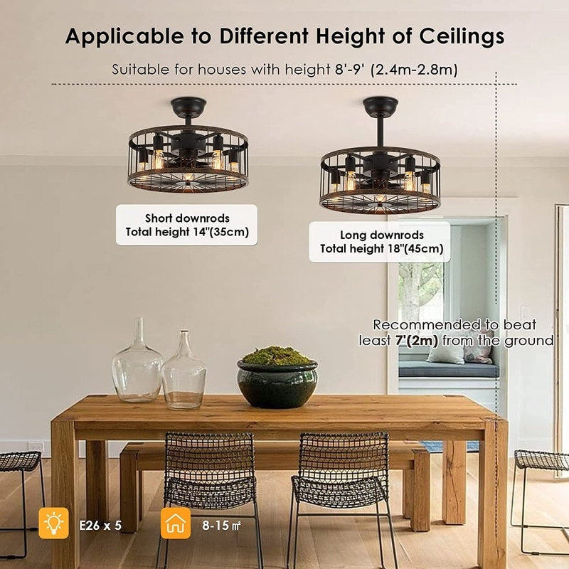 20 in. Low Profile Ceiling Fan Light Modern Farmhouse Wood Finish Caged Ceiling Fan with Light and Remote