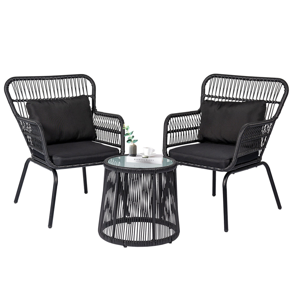 3 Piece Outdoor Wicker Conversation Bistro Set, All-Weather Rattan Furniture Patio Chairs Set with Cushions