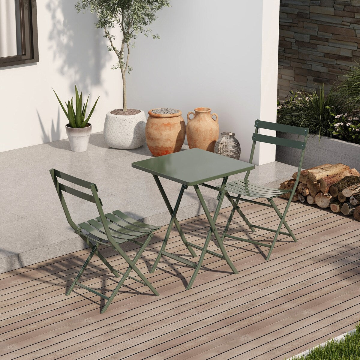 3 Piece Patio Minimalist Bistro Set Foldable Square Table & Chairs - 3-Piece