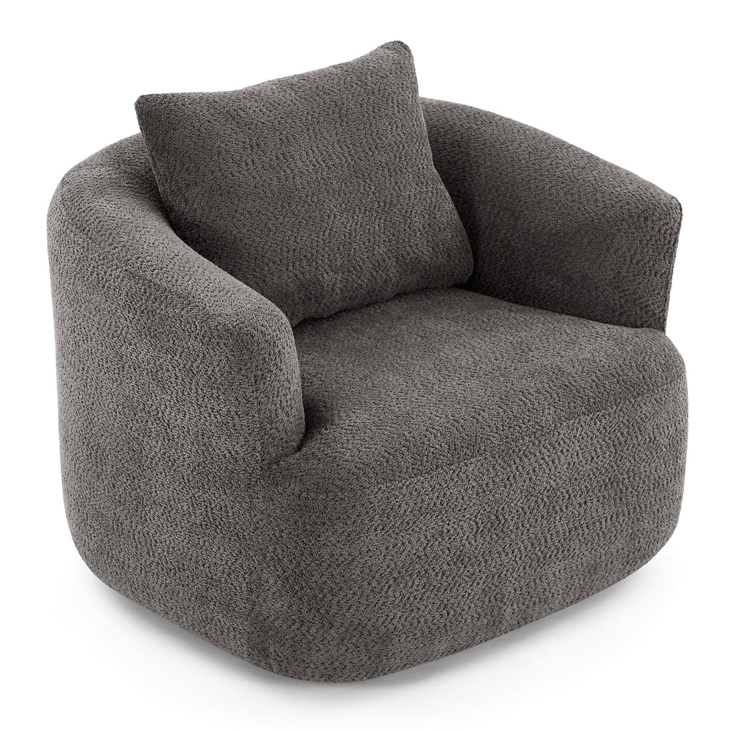 360° Swivel Chair, 38.2 Boucle Accent Chair with Throw Pillow, Upholstered Barrel Sofa Chair with Curved Armrests