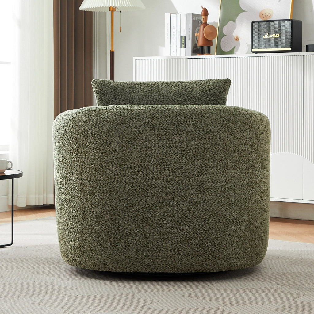 360° Swivel Chair, 38.2 Boucle Accent Chair with Throw Pillow, Upholstered Barrel Sofa Chair with Curved Armrests