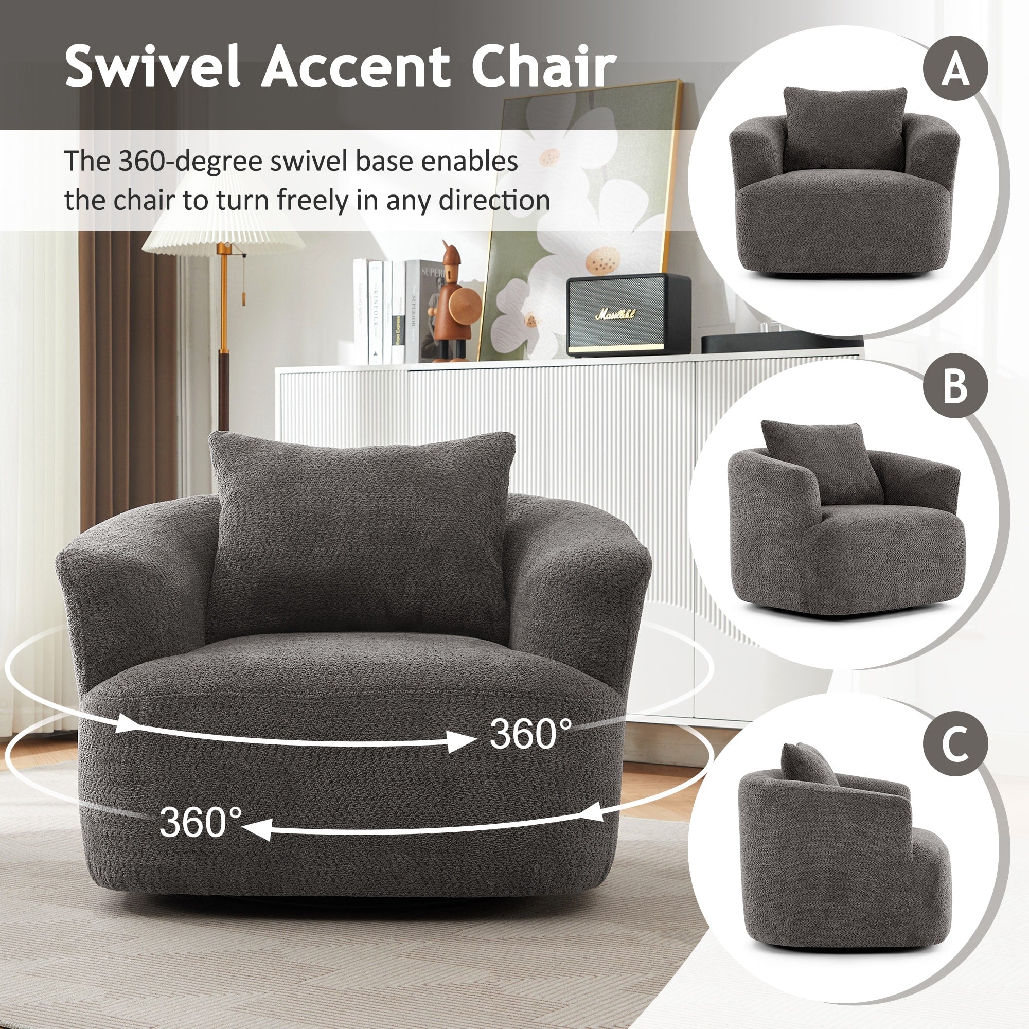 360° Swivel Chair, 38.2 Boucle Accent Chair with Throw Pillow, Upholstered Barrel Sofa Chair with Curved Armrests
