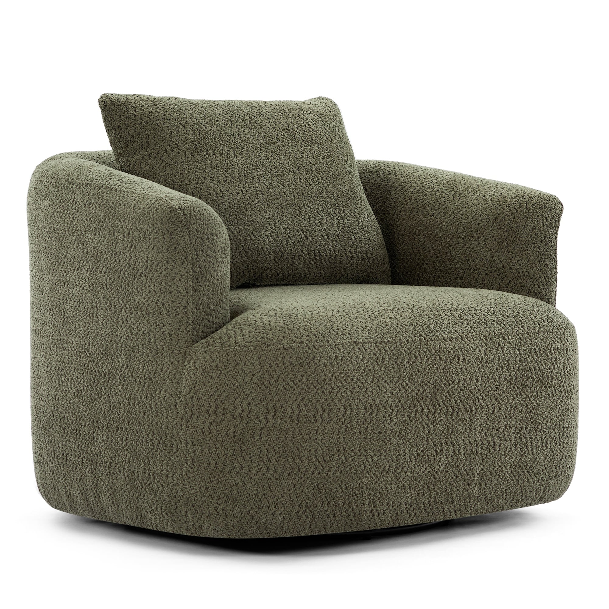 360° Swivel Chair, 38.2 Boucle Accent Chair with Throw Pillow, Upholstered Barrel Sofa Chair with Curved Armrests