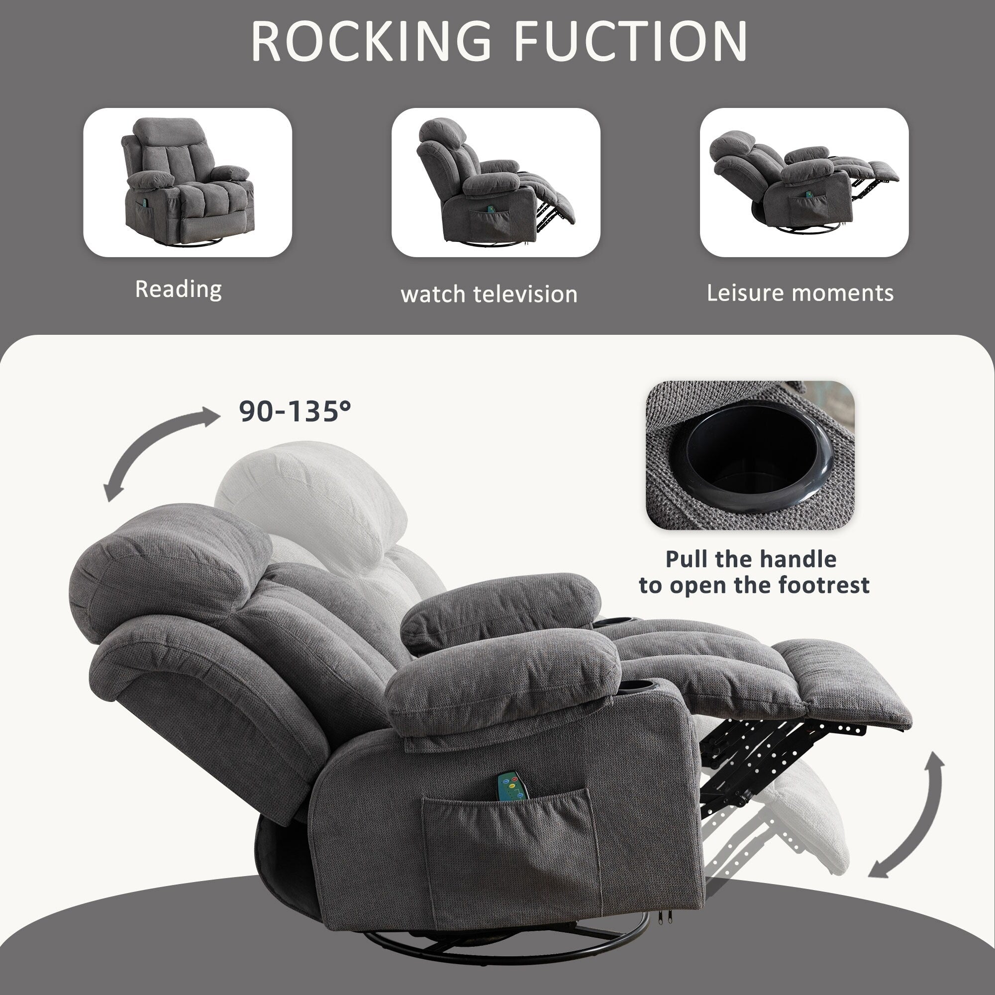 360° Swivel Recliner Chair with Massage, Heat, USB, and Cup Holders