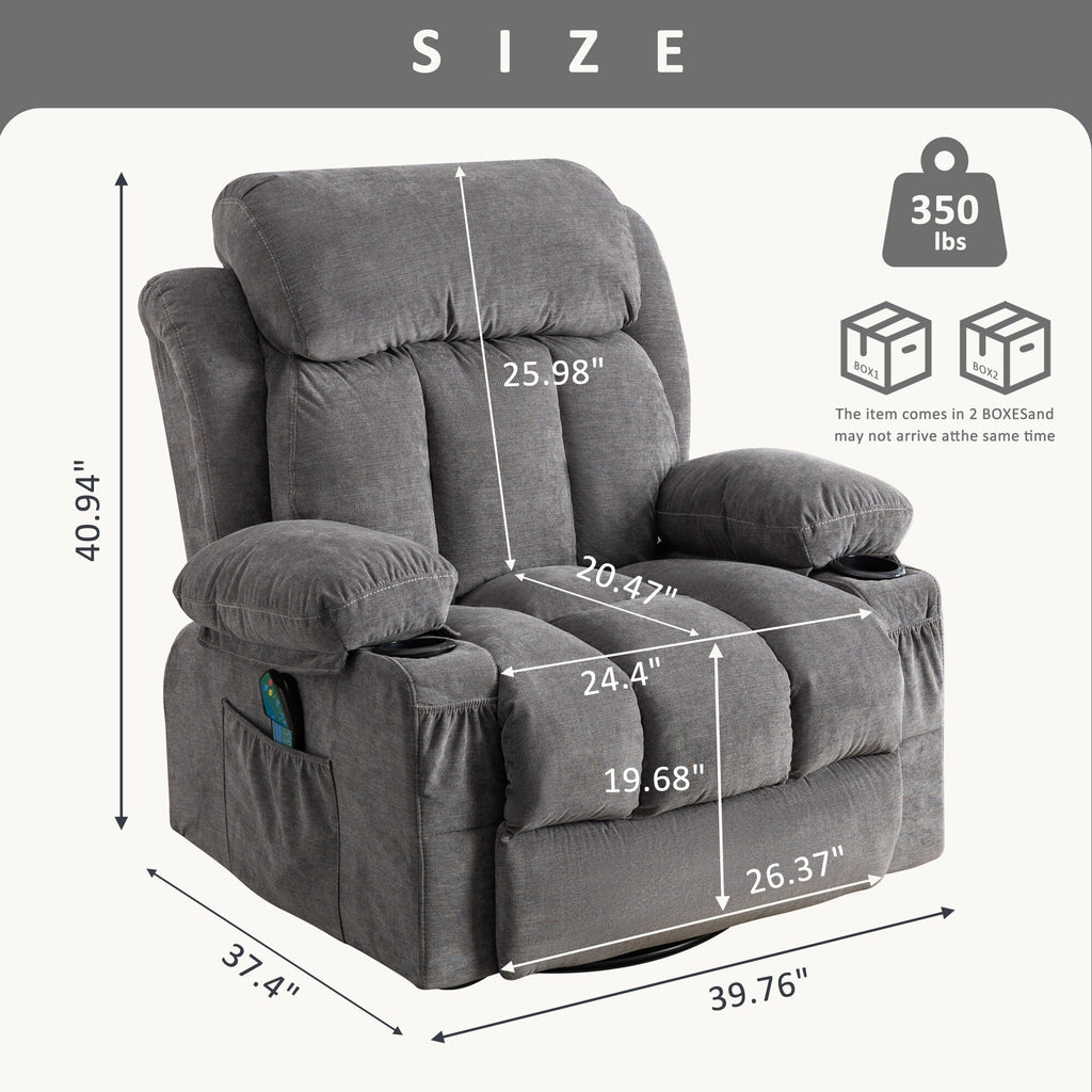 360° Swivel Recliner Chair with Massage, Heat, USB, and Cup Holders