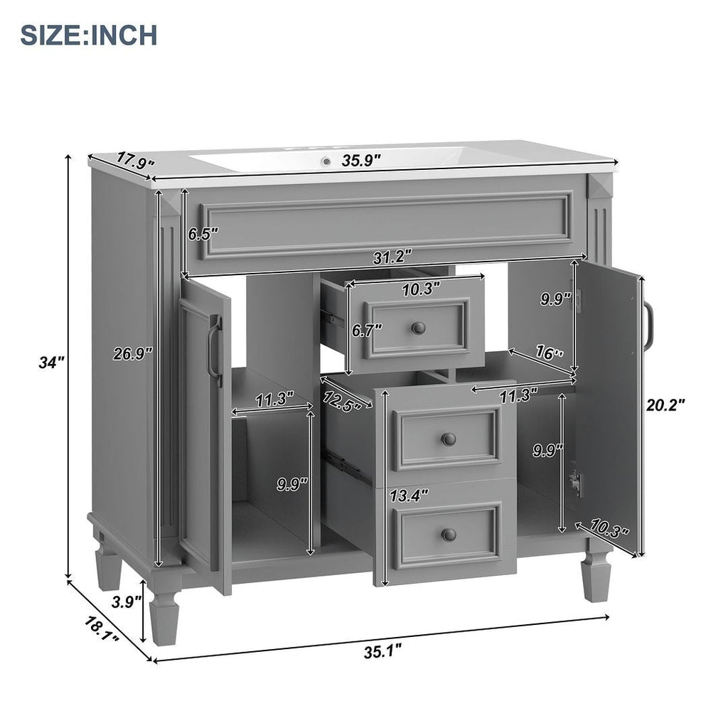 36'' Modern Bathroom Vanity with Top Sink and Mirror Cabinet,2 Doors and 2 Drawers
