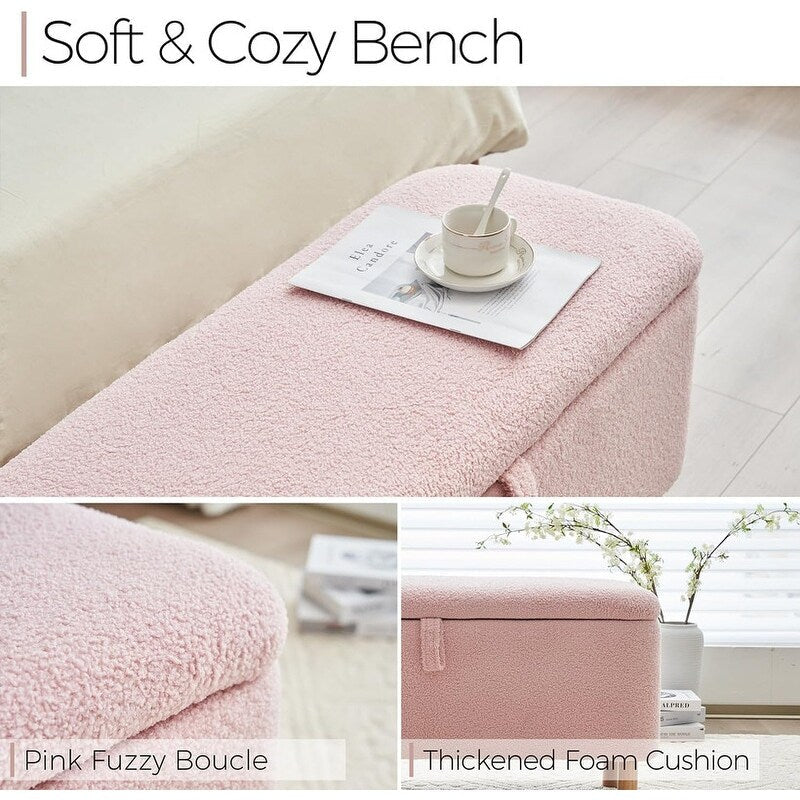 39.5 Off White Boucle Storage Ottoman Bench Sherpa Storage Bench Ottoman Foot Rest End of Bed for Living Room Bedroom,Wood Leg