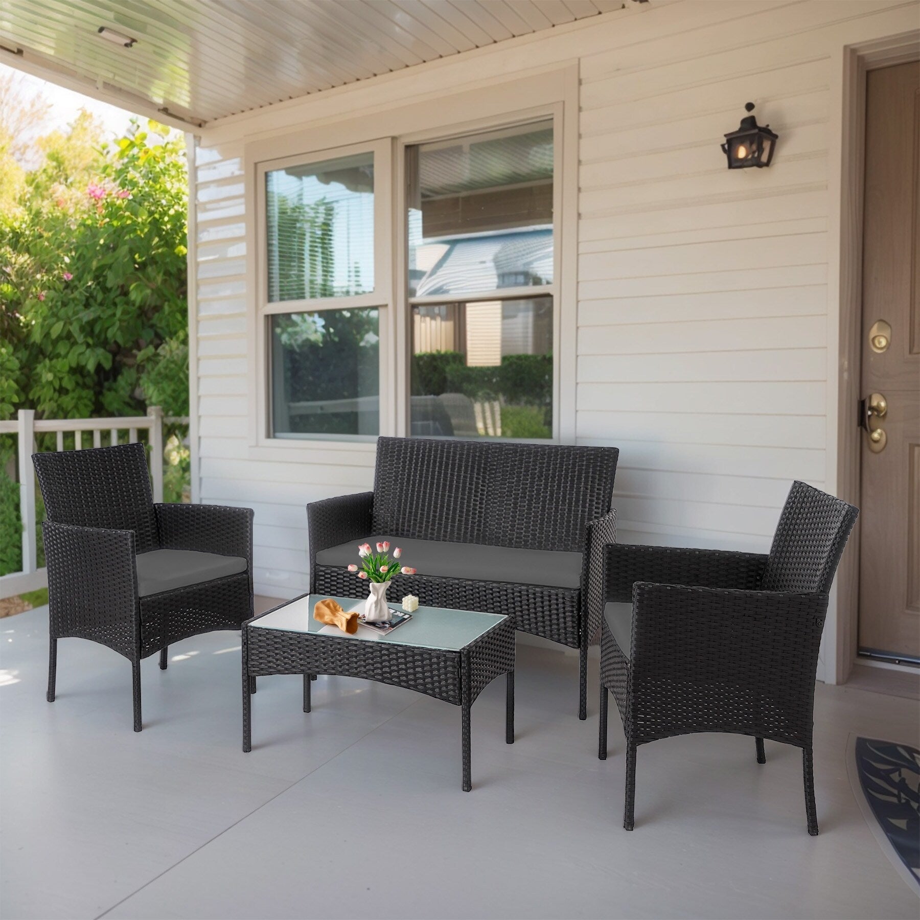 4 Piece Patio Conversation Wicker Furniture Set, Outdoor Rattan Sectional Furniture Set With Cushions