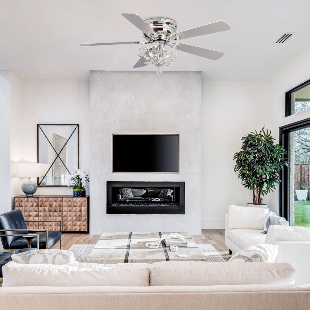 48 Modern Reversible 5-Blade Crystal Flush Mount Ceiling Fan with Remote