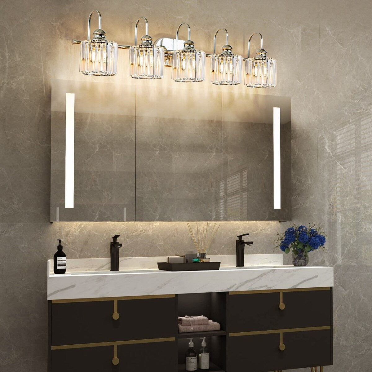 5-Light Glam Linear Dimmable Crystal Bathroom Vanity Lights with Cylinder Crystal Shade