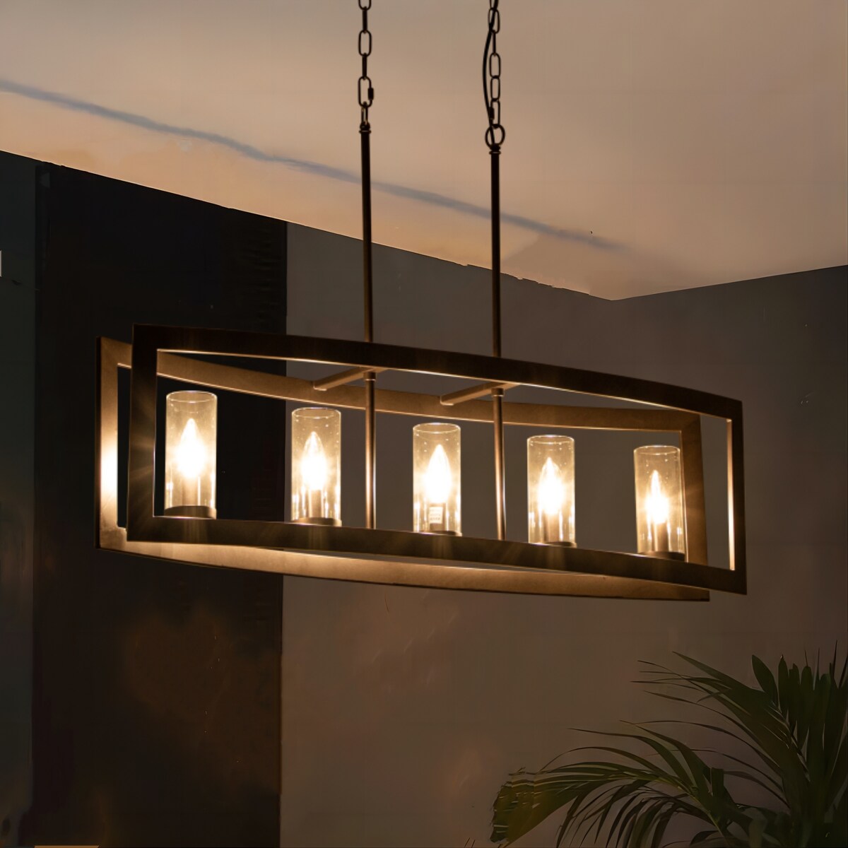 5-Light Mid-Century Modern Industrial Linear Kitchen Island Pendant Vintage Rectangle Glass Chandelier