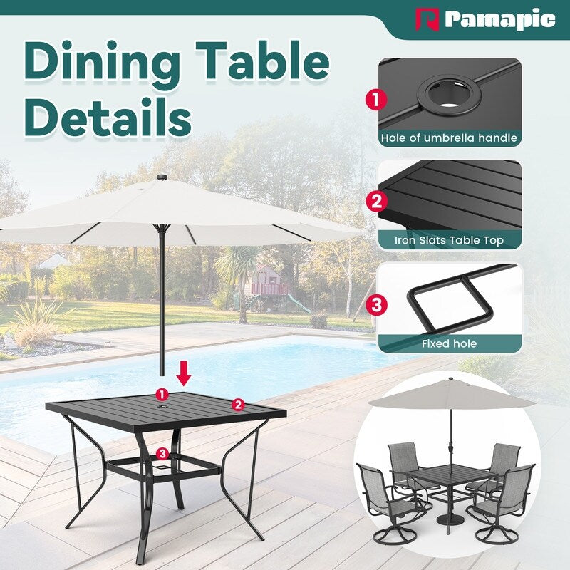 5-Piece Metal Outdoor Patio Dining Set with Square Table and Textilene Swivel Chairs