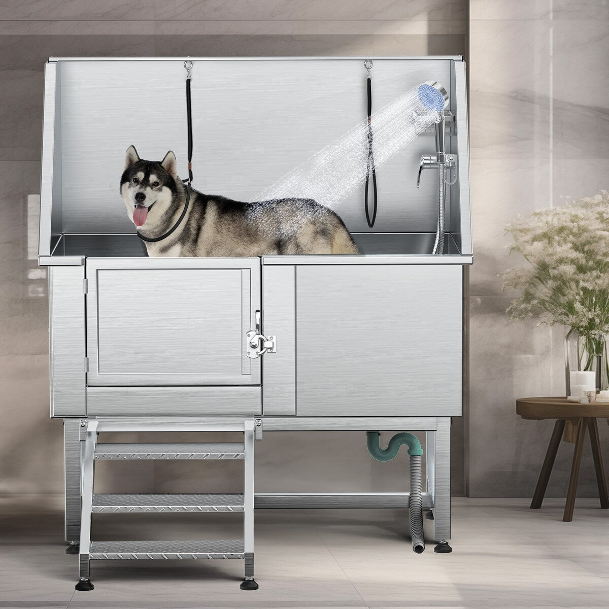 50'' W Stainless Steel Adjustable Pet Grooming Tub with Steps Ramp