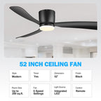 52 Inch Black/White Flush Mount LED Ceiling Fan with Lights Remote(3-Blade)