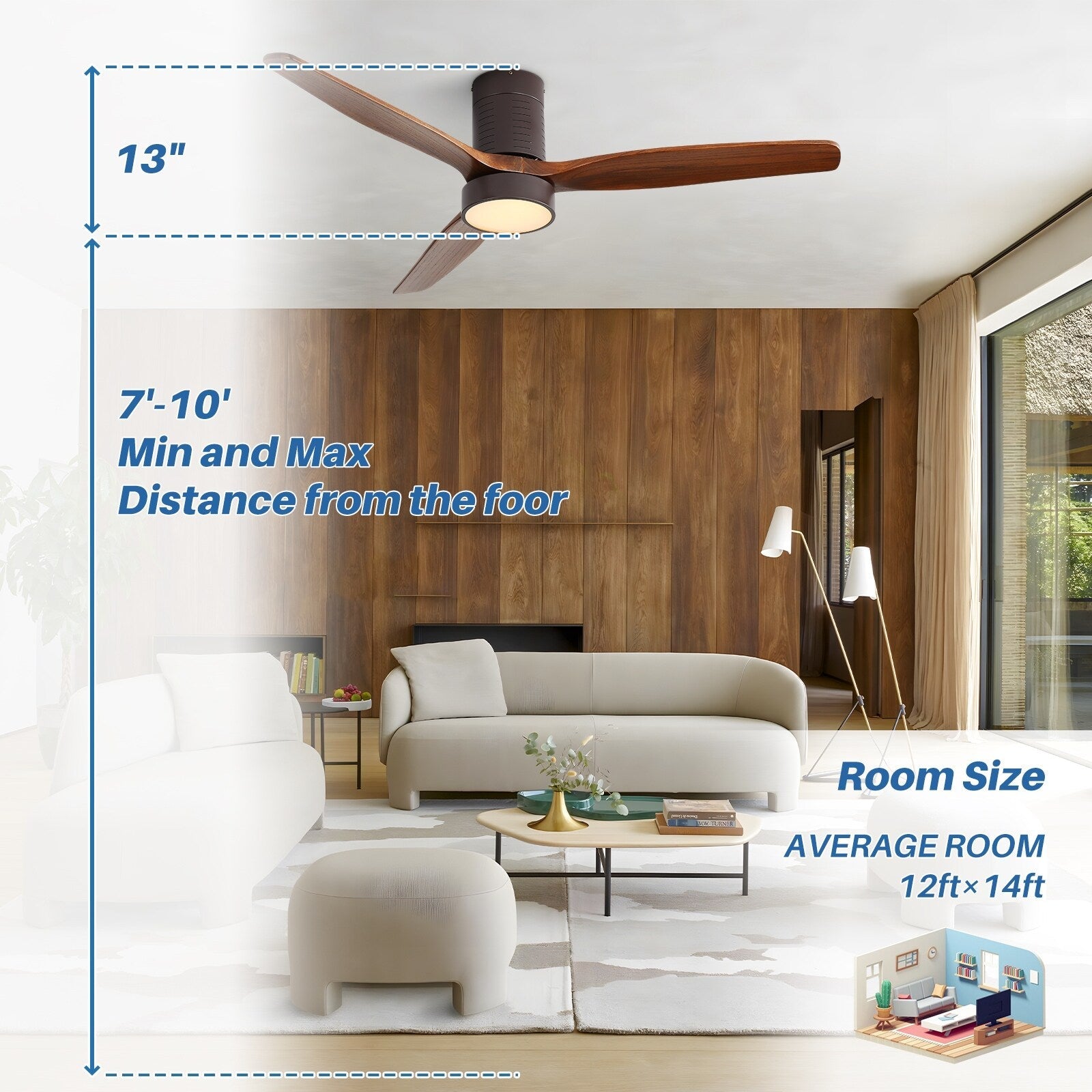 52 Inch Farmhouse Style Flush Mount Ceiling Fan with Light and Remote Control, Reversible DC Motor