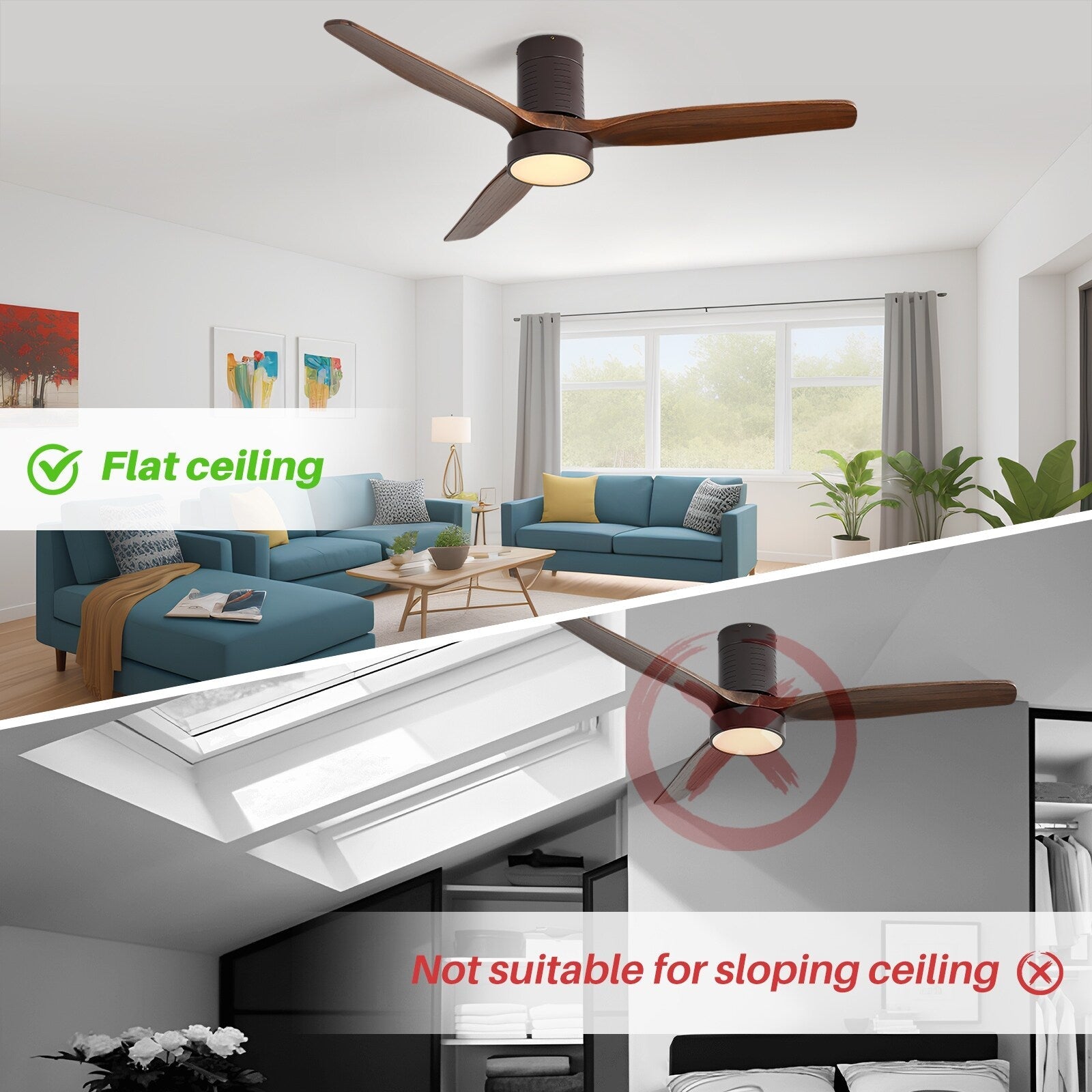52 Inch Farmhouse Style Flush Mount Ceiling Fan with Light and Remote Control, Reversible DC Motor