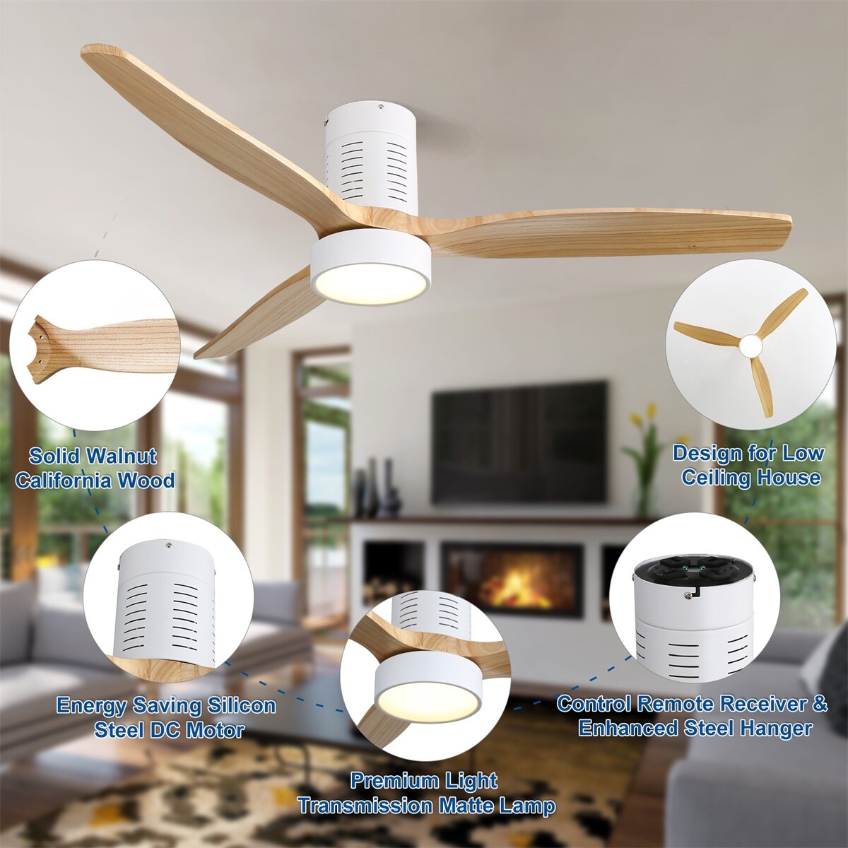 52 Inch Farmhouse Style Flush Mount Ceiling Fan with Light and Remote Control, Reversible DC Motor