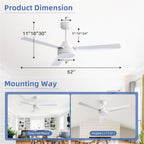 52 inch Modern Solid Wood / ABS Ceiling Fan With Remote Control(No Light),6 WInd Speed,Reversible Airflow