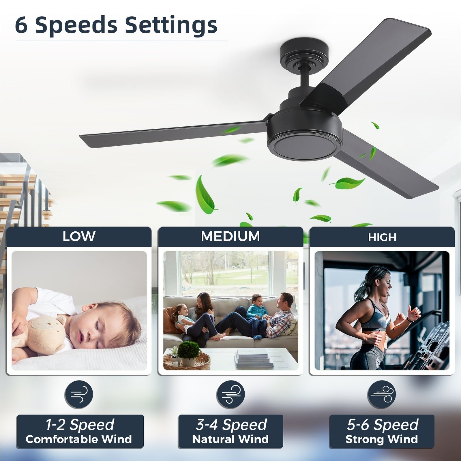 52 inch Modern Solid Wood / ABS Ceiling Fan With Remote Control(No Light),6 WInd Speed,Reversible Airflow