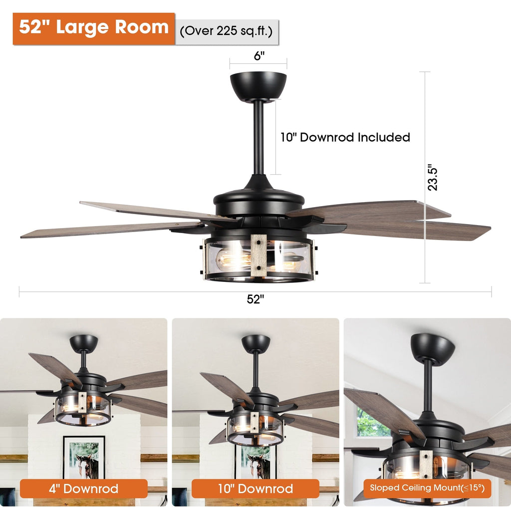 52 Rustic Black Wood 5-Blade Indoor Ceiling Fan with Remote