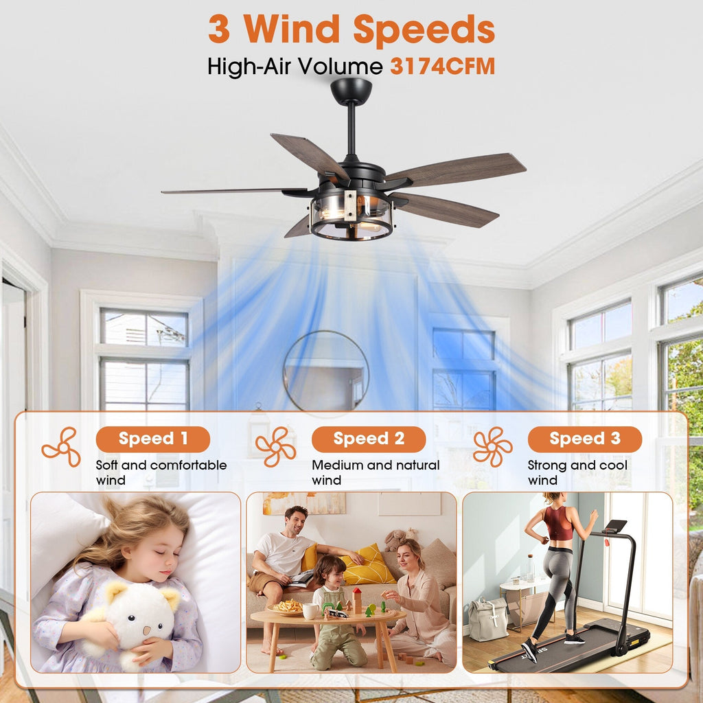 52 Rustic Black Wood 5-Blade Indoor Ceiling Fan with Remote