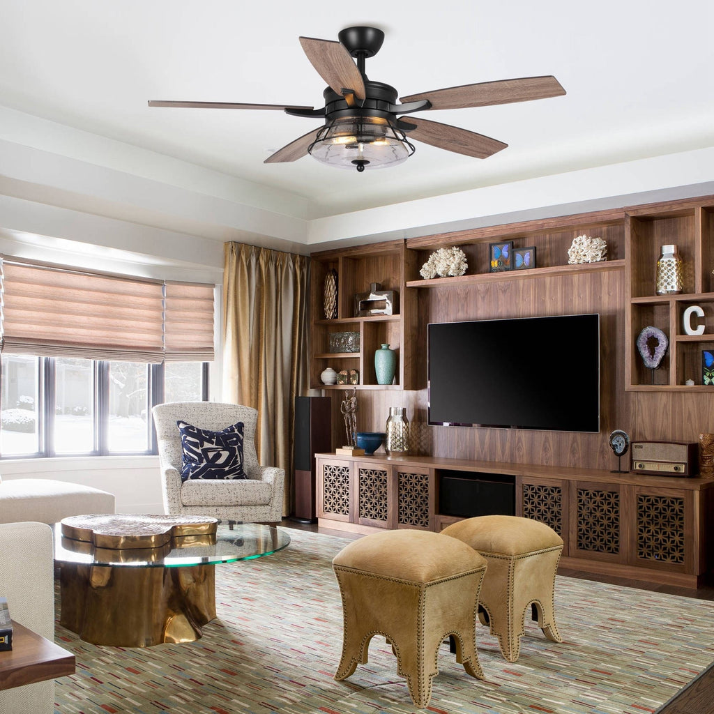 52 Industrial Seeded Glass Black Decorative Ceiling Fan with Remote and Light Kit