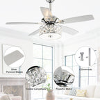52 Modern 4-Light Chandelier Crystal Ceiling Fan with Remote