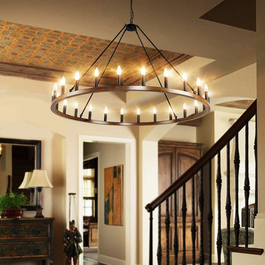 54-inch Round Wagon Wheel 24-light Chandelier