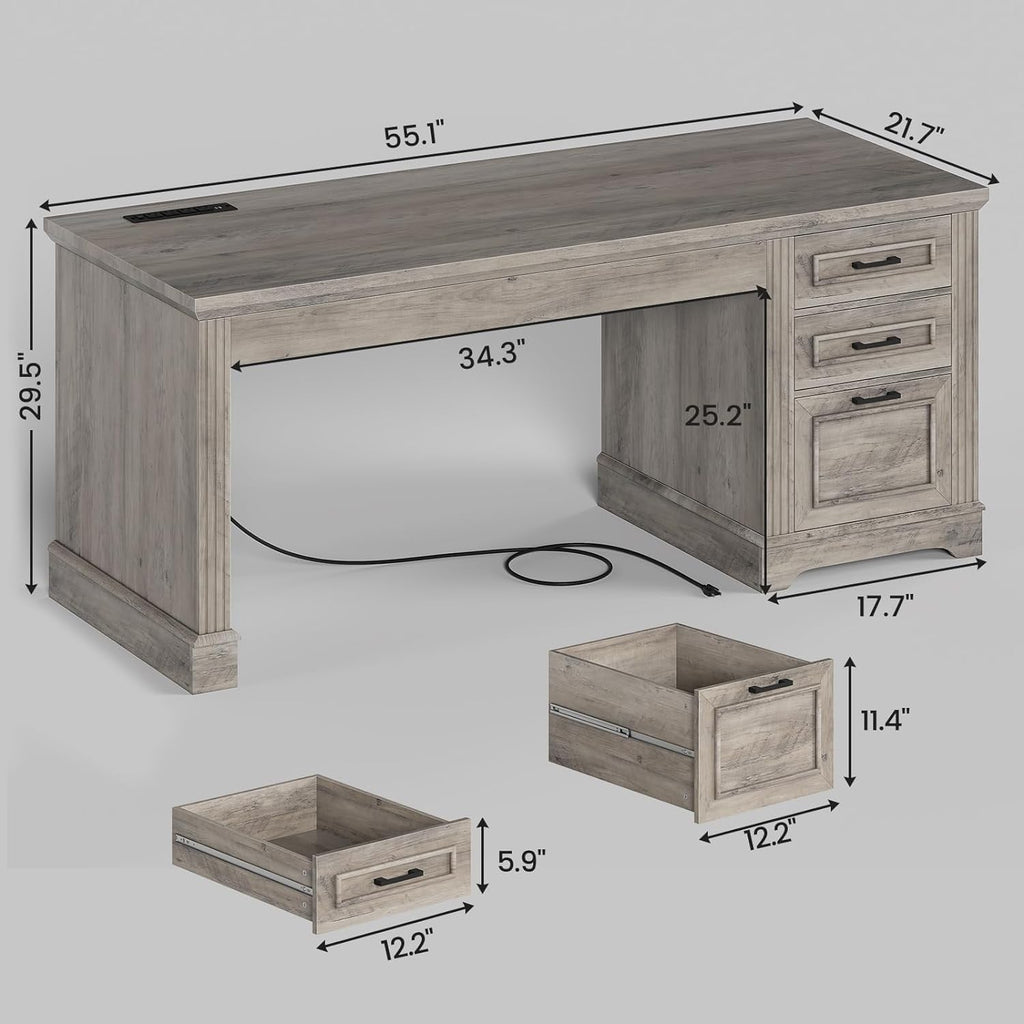 Farmhouse Executive Desk Home Office Desk File Drawer Monitor Stand Power Outlet