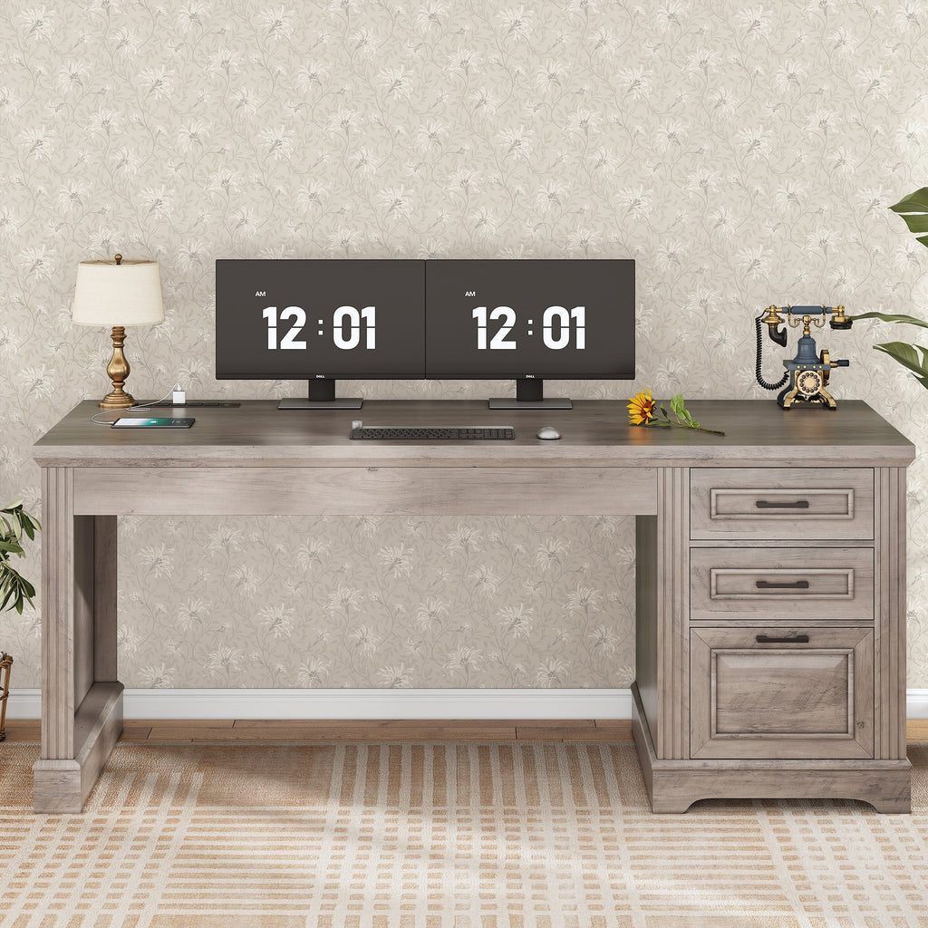 Farmhouse Executive Desk Home Office Desk File Drawer Monitor Stand Power Outlet