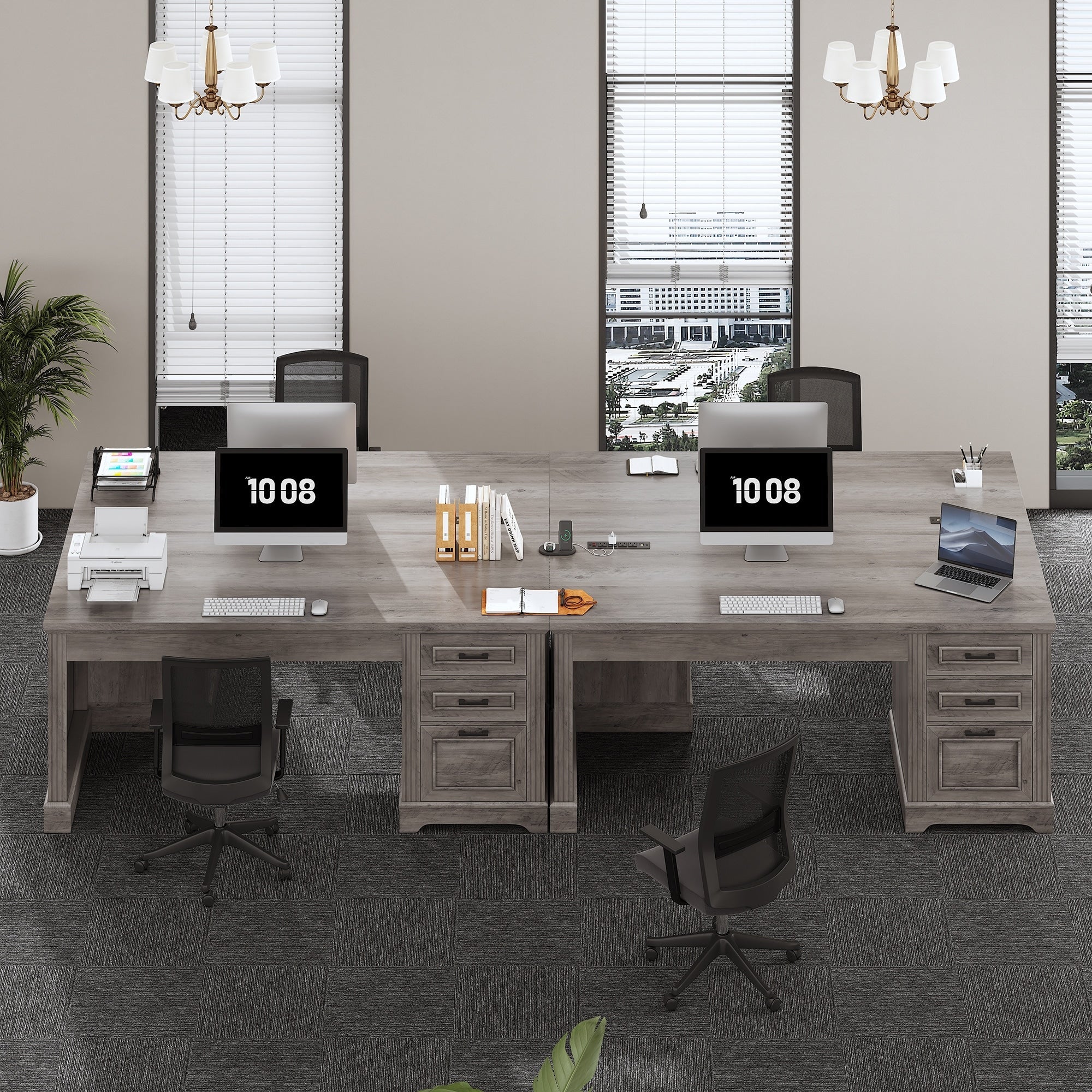 Farmhouse Executive Desk Home Office Desk File Drawer Monitor Stand Power Outlet