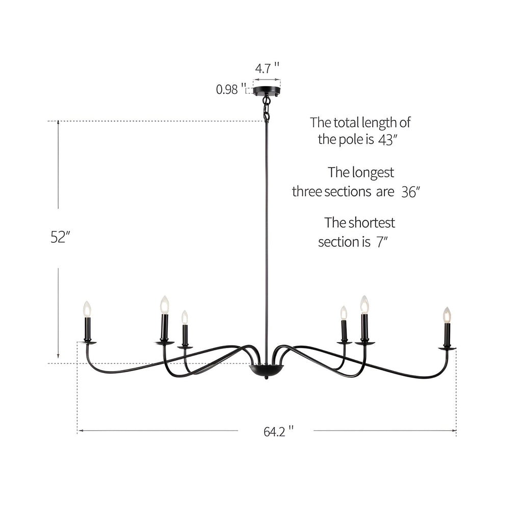 6 Light 64 Inches Minimalist Chandelier in Matte Black / Gold /Chrome - N/A