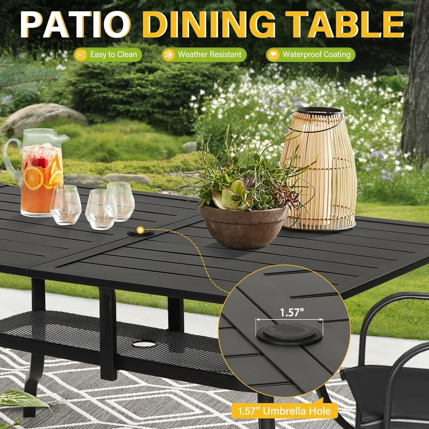 60 x 37 Outdoor Patio Rectangular Metal Slatted Dining Table with Umbrella Hole for 6 Person