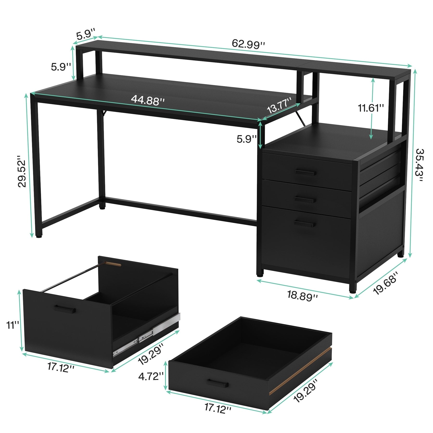 63 Computer Desk with Monitor Stand, Ergonomic Home Office Desks with Drawers File Cabinet