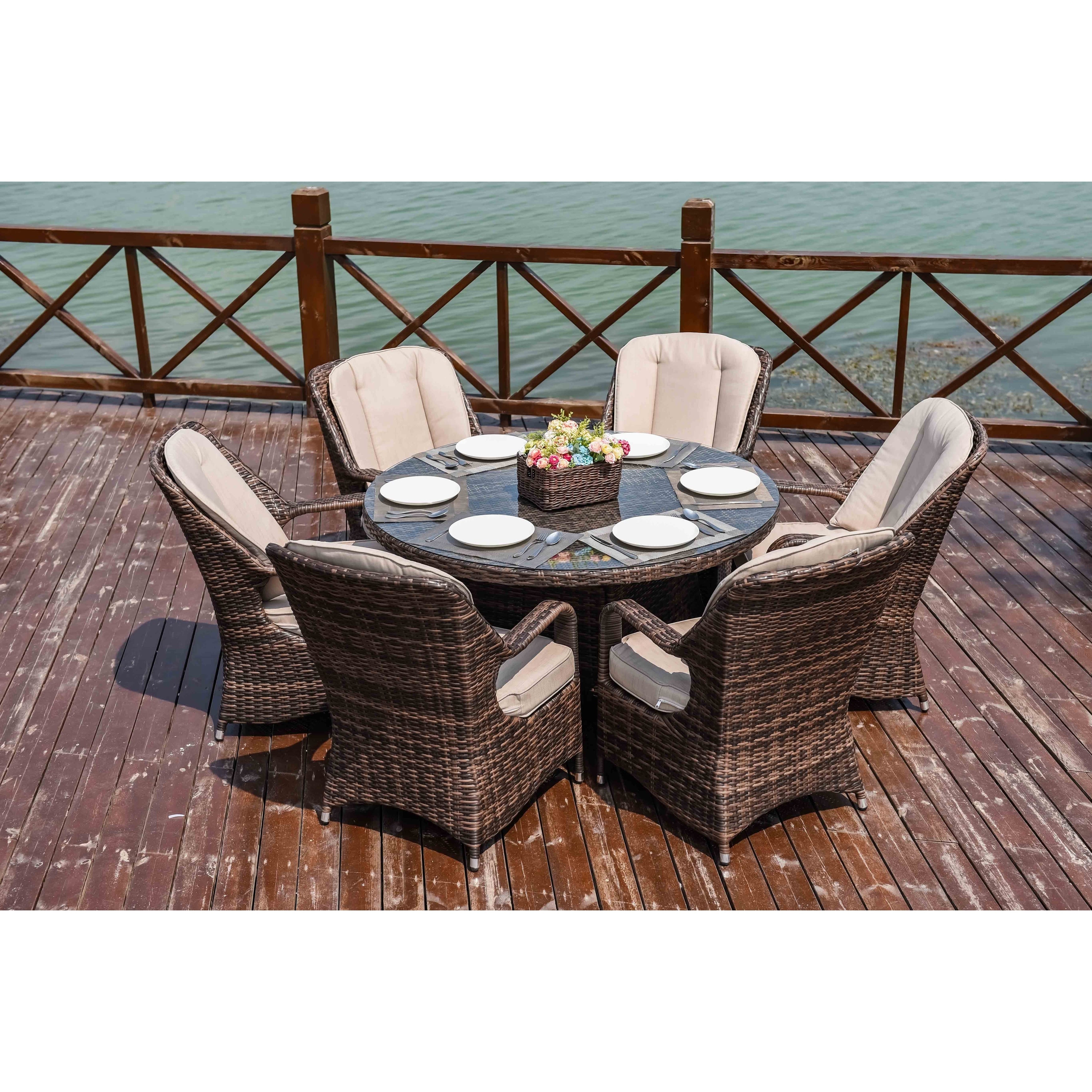 7 Pieces Outdoor Rattan Wicker Patio Round Dining Set with Cushions by Moda Furnishings