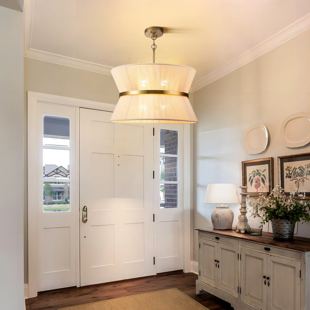 8-Light Modern Boho Large Drum Chandelier 24 inch Fabric Hourglass Hand-woven Chandelier in Gold/ Black for Dining/ Living Room