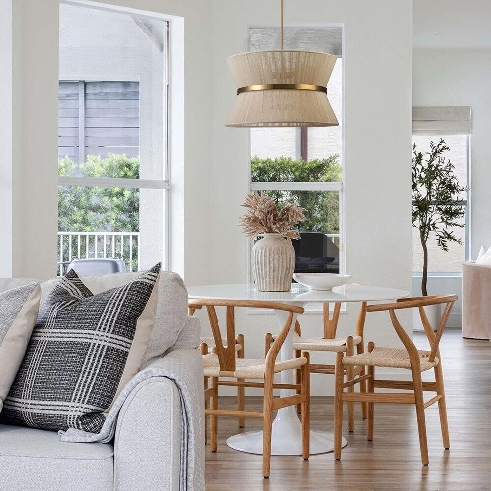 8-Light Modern Boho Large Drum Chandelier 24 inch Fabric Hourglass Hand-woven Chandelier in Gold/ Black for Dining/ Living Room