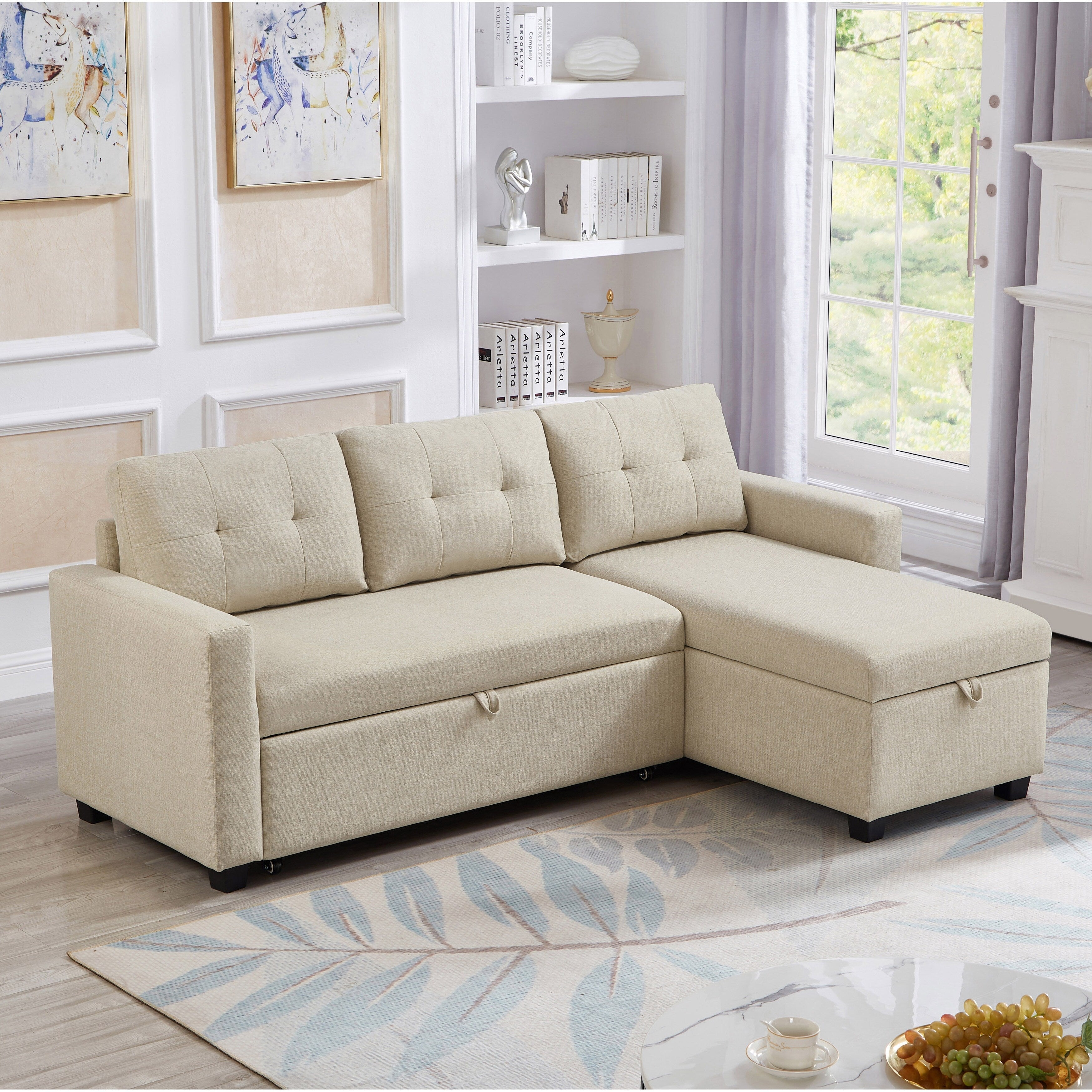 81.5'' Upholstered Convertible 3 Seater Sleeper Sofa with Pull-Out Bed, Reversible Storage Chaise, and Back Cushions