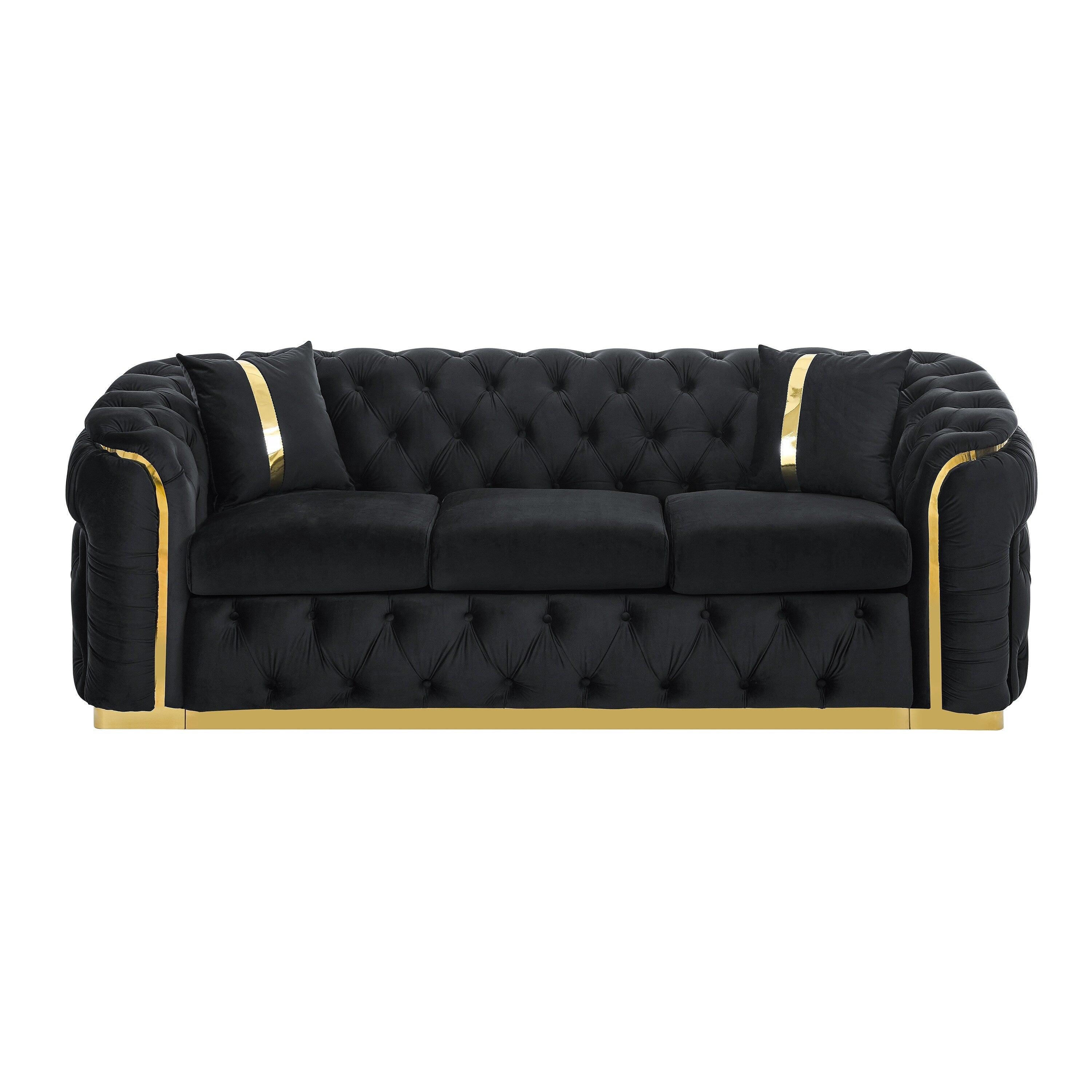 90.6 Velvet 3-Seater Sofa with 2 Pillows High-Density Cushions, Gold Accents, and Pillows