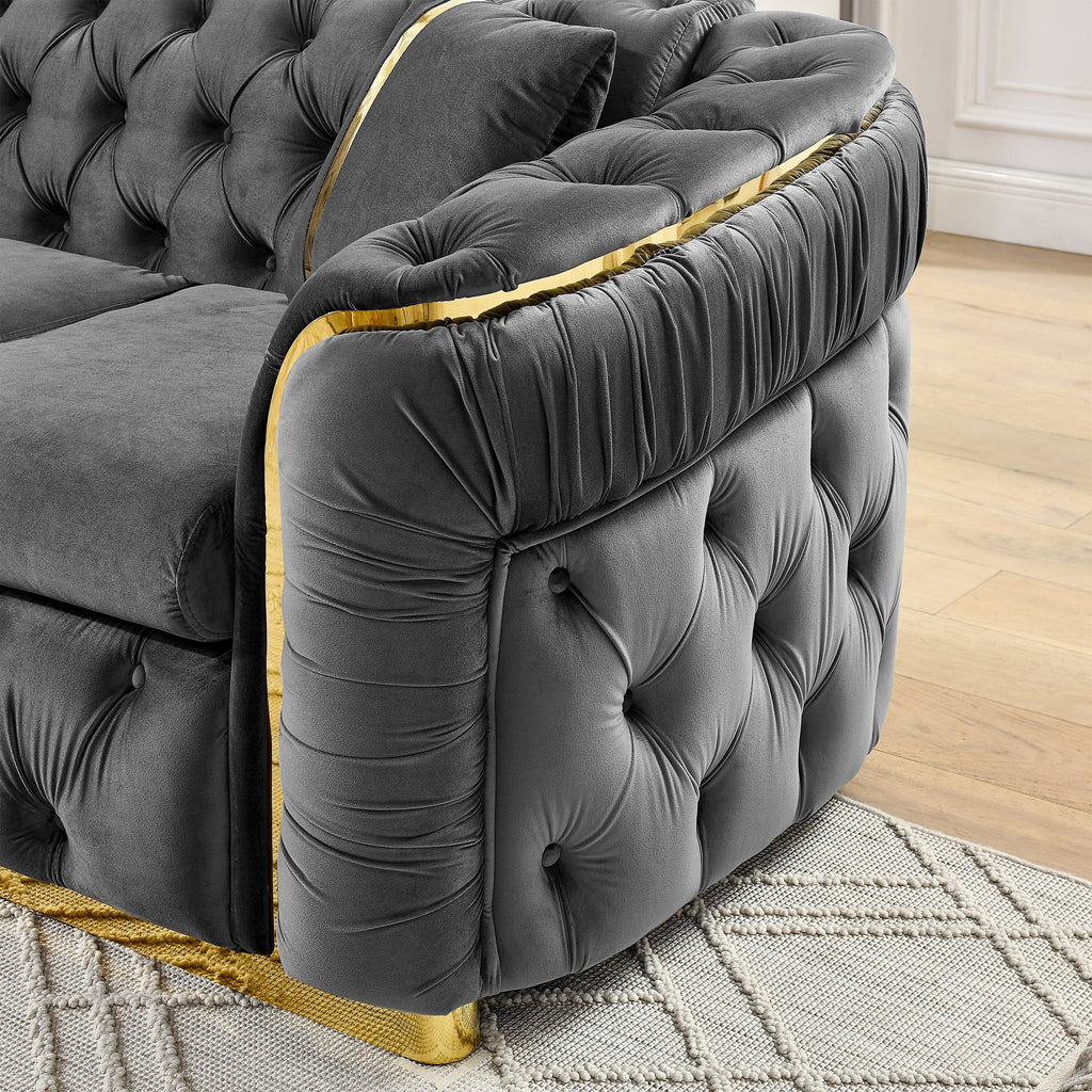 90.6 Velvet 3-Seater Sofa with 2 Pillows High-Density Cushions, Gold Accents, and Pillows