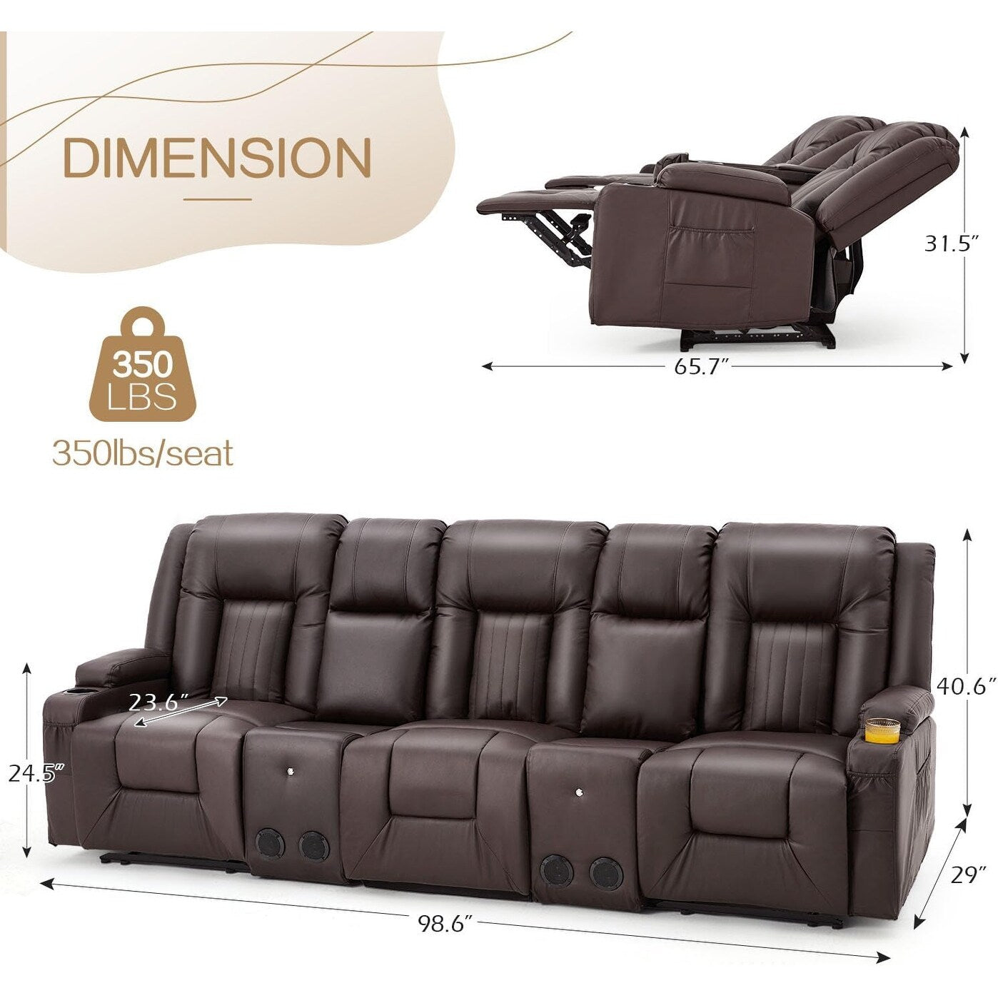 AECOJOY Recliner Sofa Manual RV Reclining Couch PU Home Theater Seating w/ Console