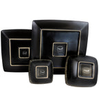 Abstract Square Double Bowl Black Stoneware Dinnerware Set 16 Pieces