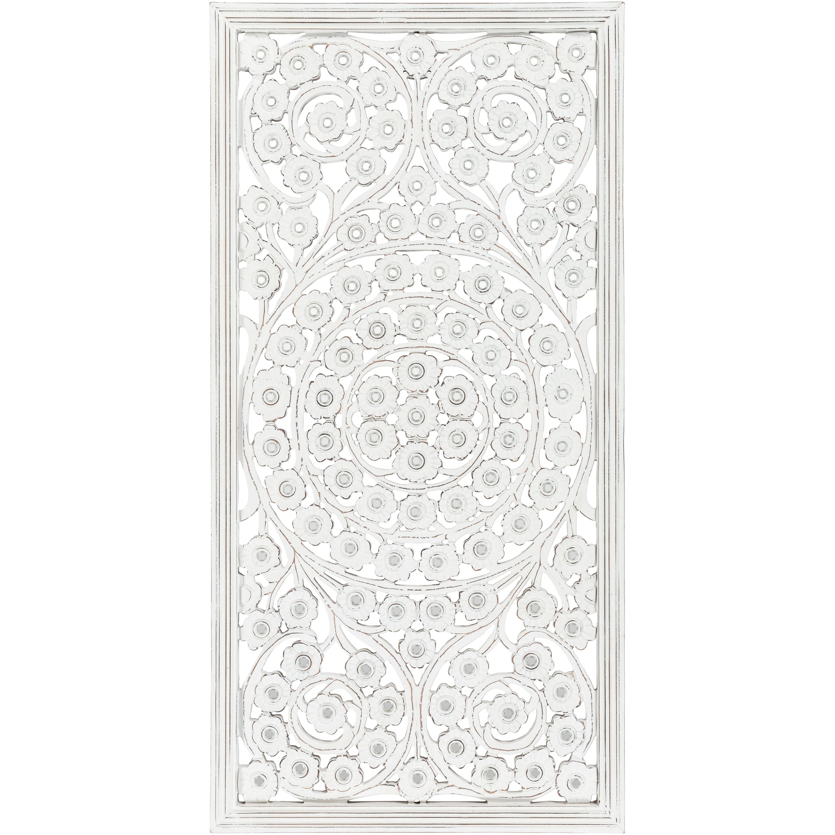 Allen White Washed Hand Carved 48x28-inch Wall Panel with Mirror Inlay