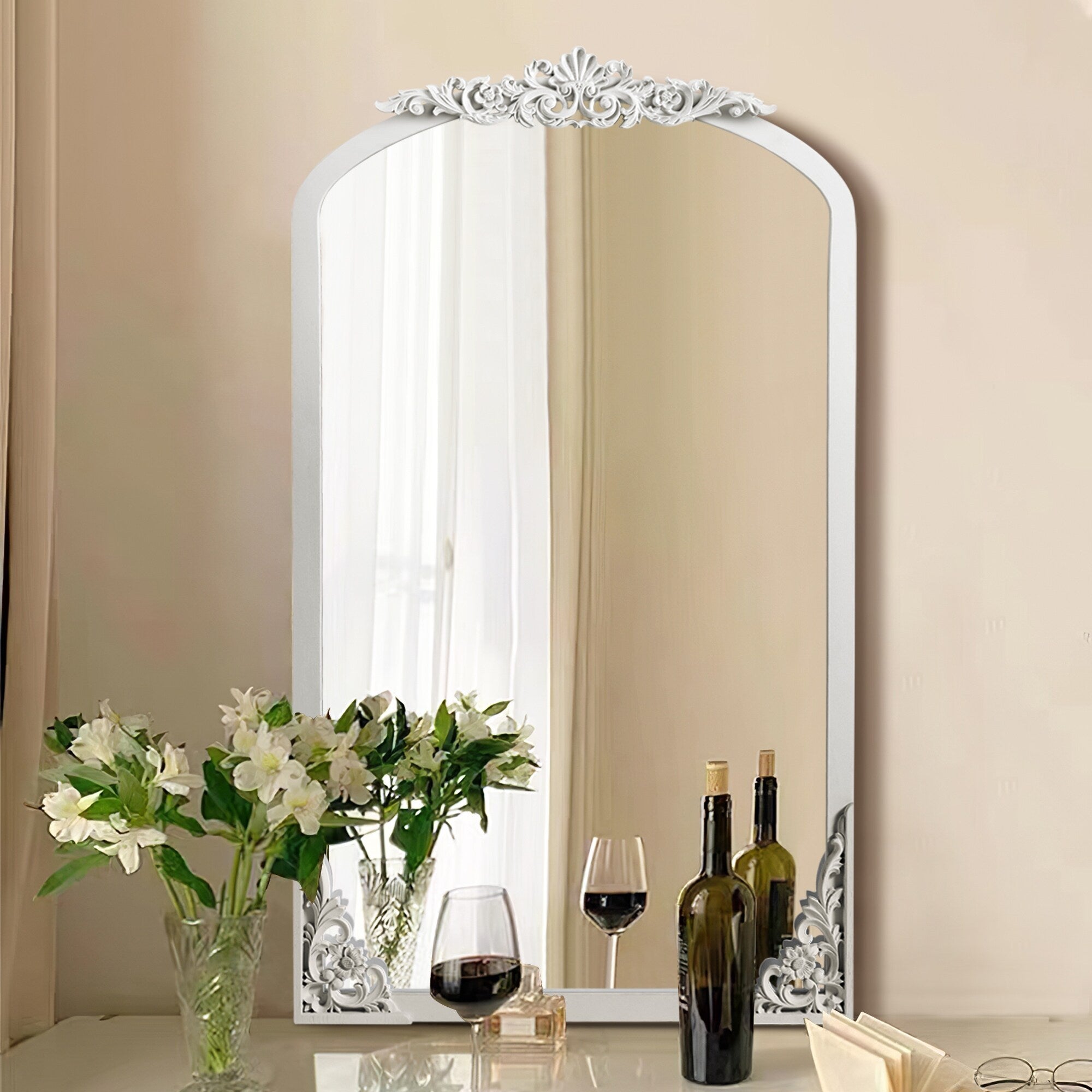 Arched Full-Length Solid Wood Carving Floor Mirror