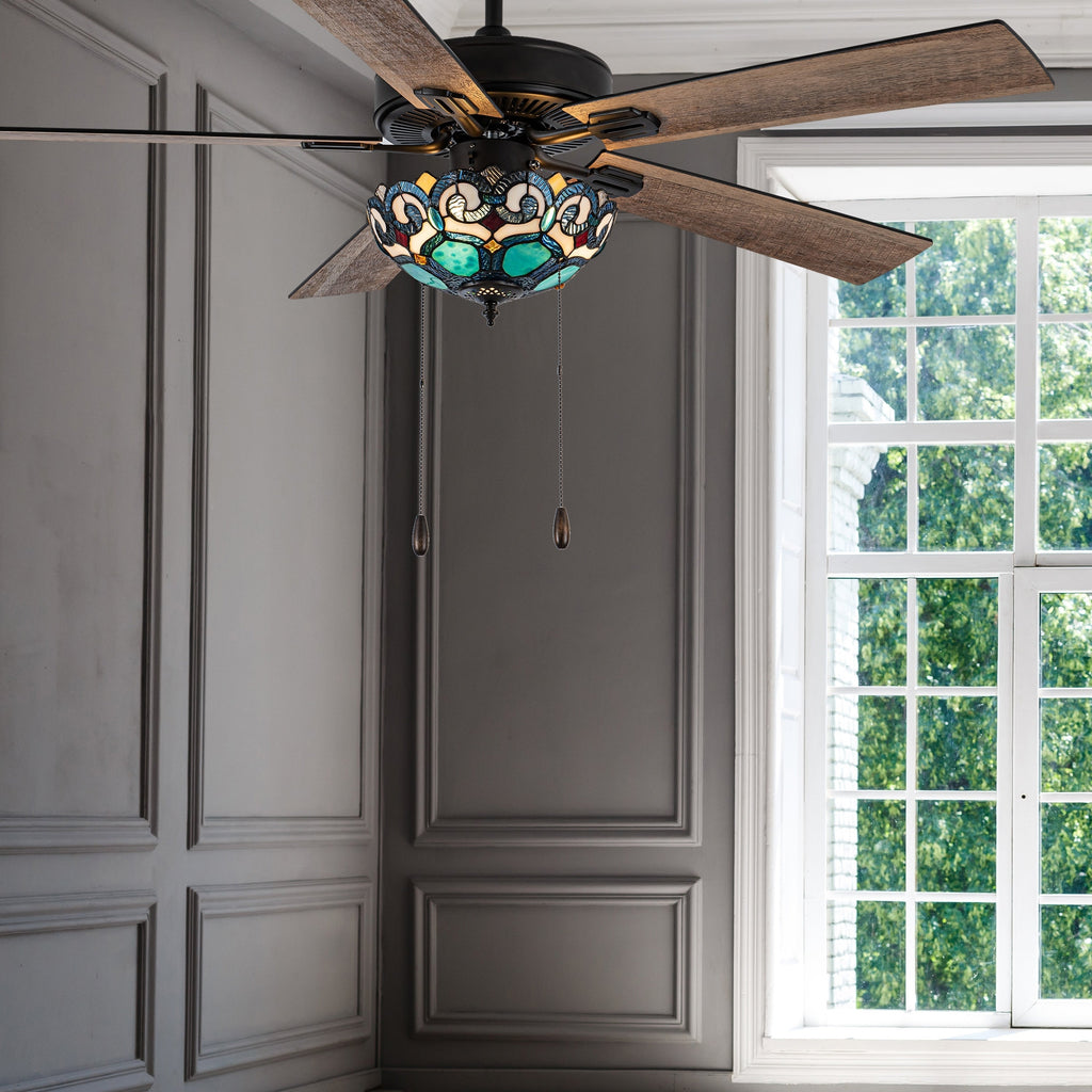 Astrid River of Goods Multicolored Oil-Rubbed Bronze and Stained Glass 3-Light 52-Inch Ceiling Fan - 52 x 52 x 14.75/19.75